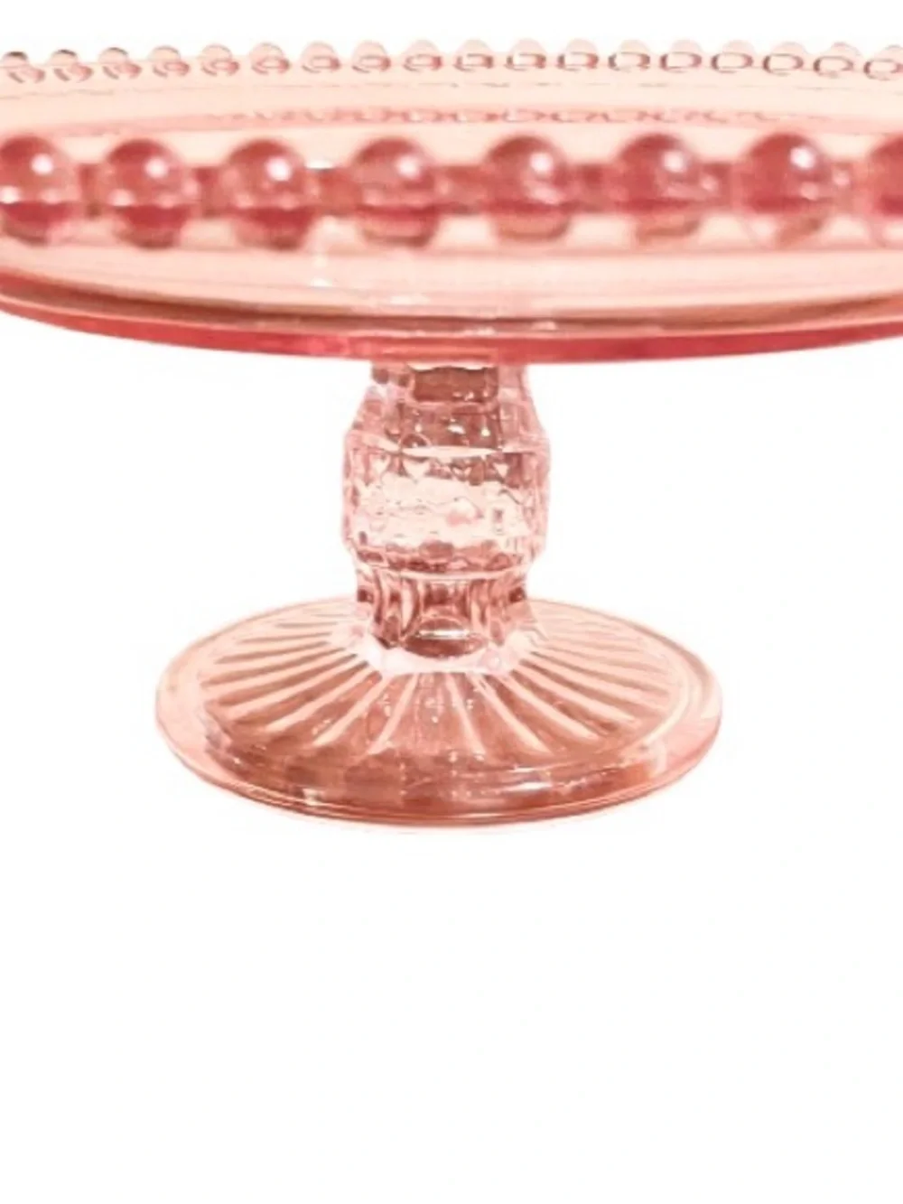 🆕- Pink Glass Pedestal Cake Stand with Beaded Hobnail Edge